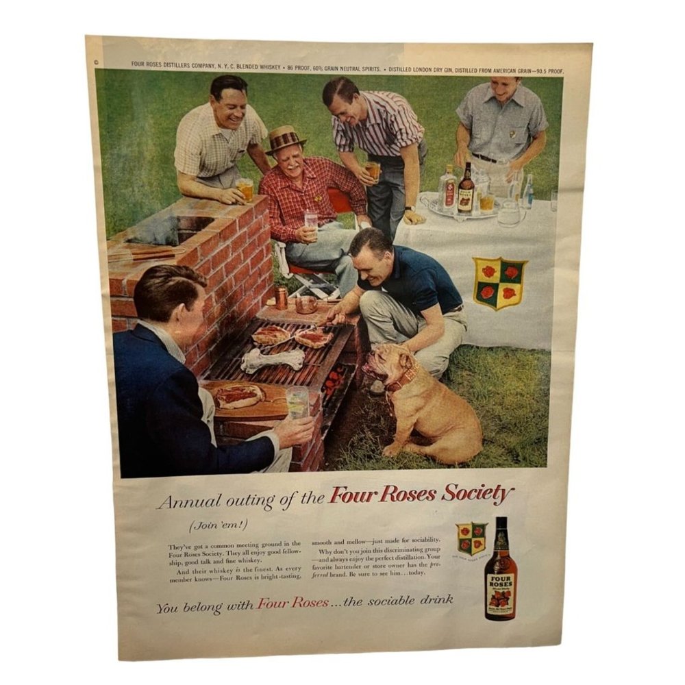 Vintage 1958 Print Ad Four Roses Society Whiskey Backyard BBQ Original Color Ad